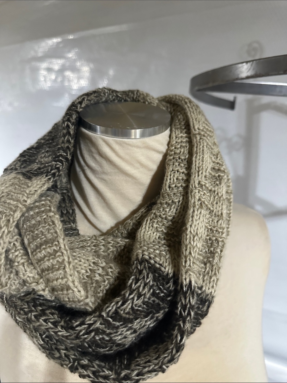 Neutral Two-Tone Knit Infinity Scarf - Beige & Brown
